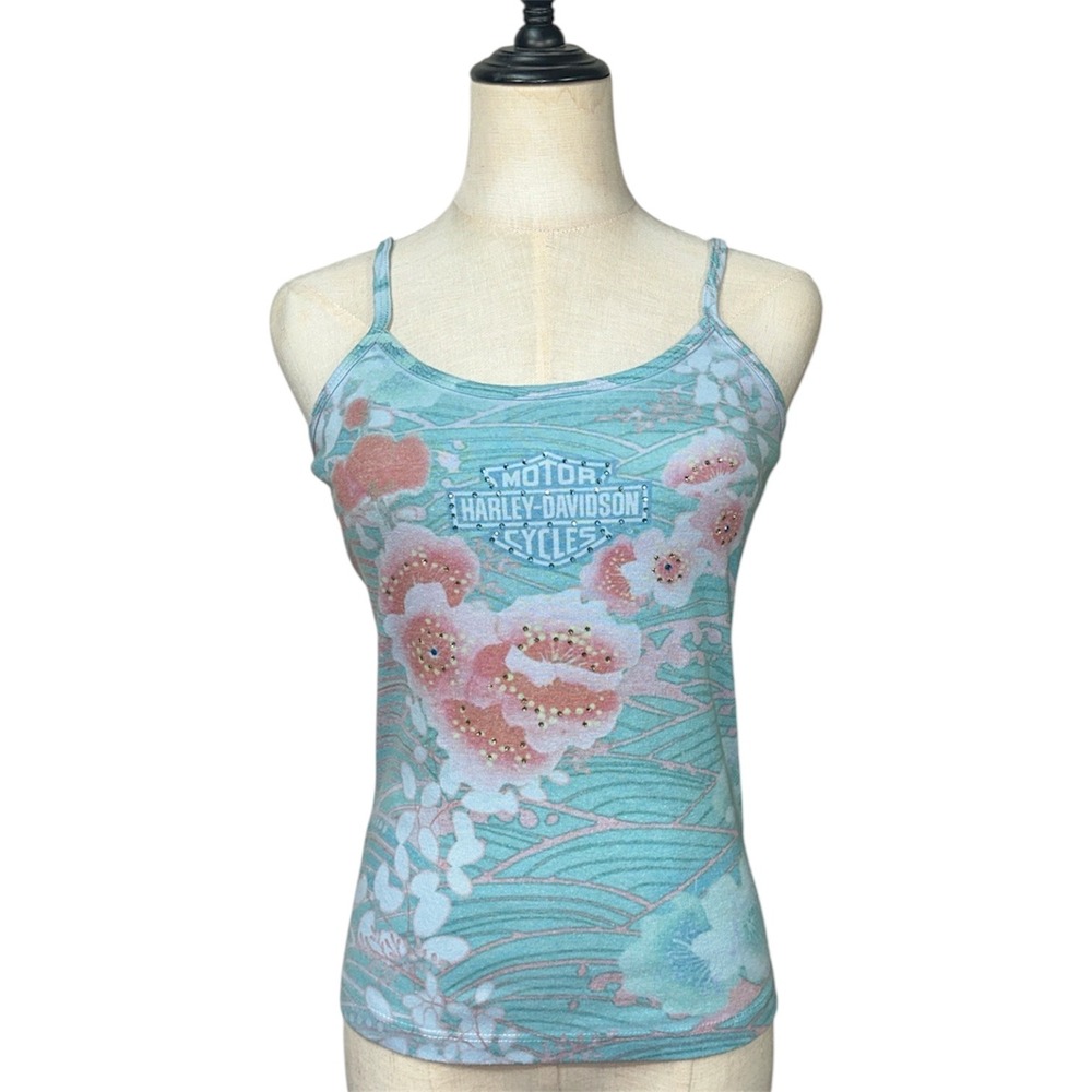 Harley-Davidson Tank Top Womens Medium Teal Floral Rhinestone Y2K Cami 2000s